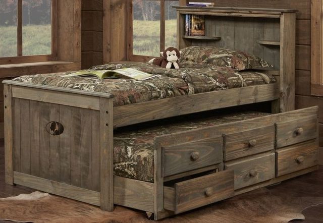 Simply Bunk Youth Beds Mossy Oak Twin Bookcase Captains Youth Bed with Twin Trundle and 3 Drawer Storage-0