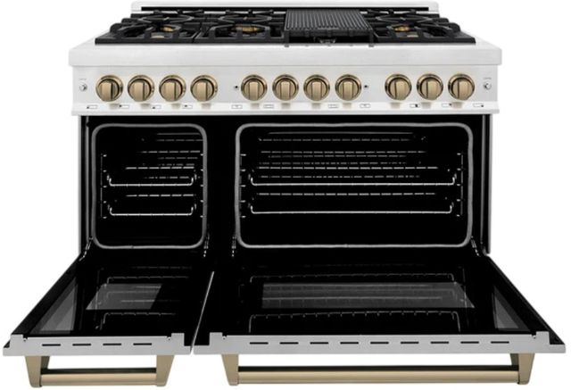 ZLINE Autograph Edition 48" Satin Stainless Steel Pro-Style Dual Fuel Range with Two Electric Ovens and Champagne Bronze Accents-1