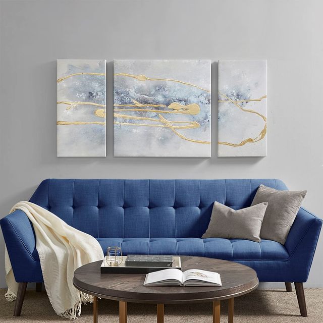 Olliix by Madison Park Blue Cosmo Blue/Gold 3 Piece Canvas Set Hand Embellished Textured Glitter and Gold Foil Set-3