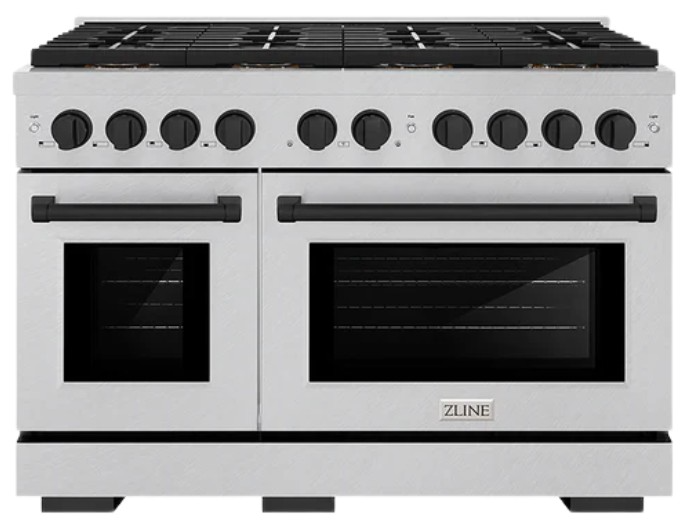 ZLINE Autograph Edition 48 in. 6.7 cu. ft. Paramount Gas Range with 8 Burner DuoPro™ Cooktop and Dual Ovens in Satin Stainless Steel and Matte Black Accents (PSGRSZ-48-MB)