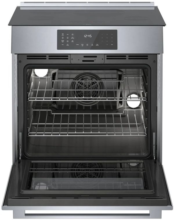Bosch 800 Series 30” Stainless Steel Slide-In Induction Range with Essex cabinets in White