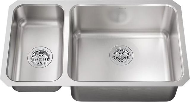 KOHLER® Undertone® Stainless Steel 32" Undermount Double Offset Bowl Kitchen Sink with Short Apron-0