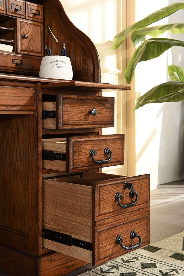 TEI Burnish Walnut Brown 54" Roll Top Secretary Desk-11