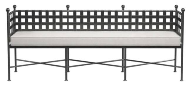 Sunset West Provence Century Pewter Antique Wrought Iron Outdoor Bench with Canvas Flax Cushion-1