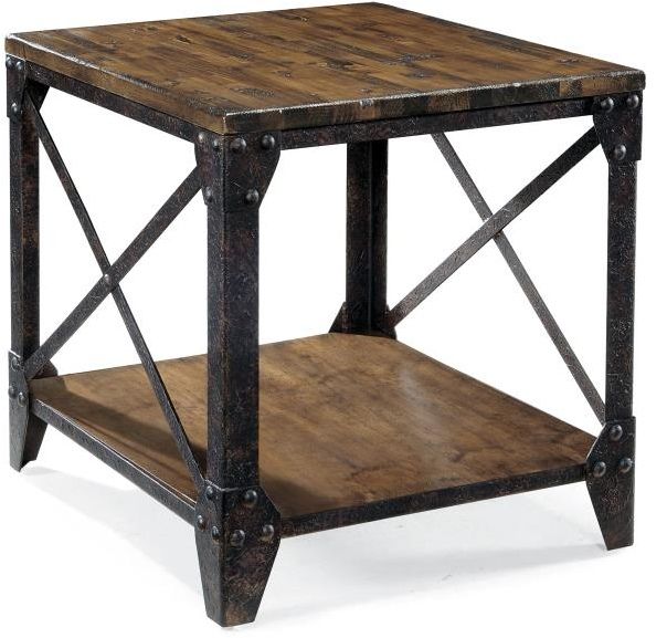 Magnussen Home® Pinebrook Distressed Natural Pine Rectangular End Table with Black Metal Frame-0