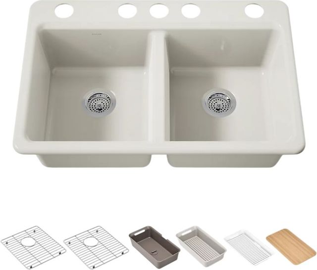 KOHLER® Riverby® Biscuit 33" Undermount Double-Equal Bowl Workstation Kitchen Sink with Accessories-0