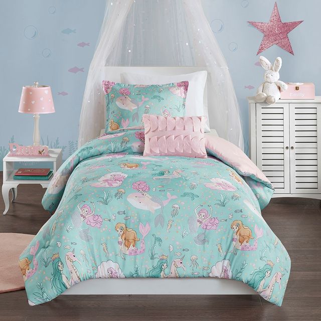 Olliix by Mi Zone Kids Darya Aqua and Pink Full/Queen Printed Mermaid Comforter Set-0