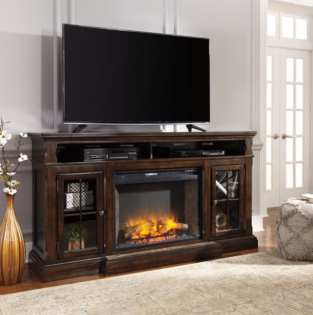 Signature Design by Ashley® Roddinton 74" Dark Brown TV Stand with Electric Fireplace-3