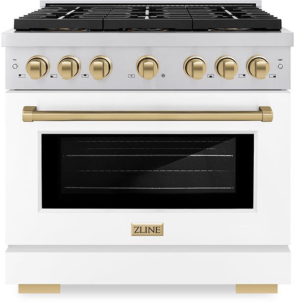 ZLINE Paramount Autograph Edition 36" Stainless Steel Pro Style Gas Range with White Matte Door and Champagne Bronze Accents-0