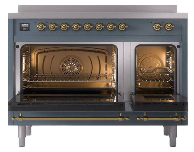 Ilve® Nostalgie II Noblesse 48'' Blue Gray Pro Style Induction Range with Brass Trim-2