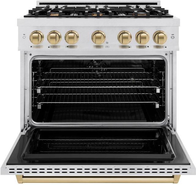 ZLINE Classic Autograph Edition 36" Satin Stainless Steel Pro Style Dual Fuel Range with Champagne Bronze Accents-1