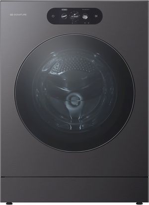 Front view of the LG Signature 5.8 Cu. Ft. Brushed Black Steel Front Load Washer