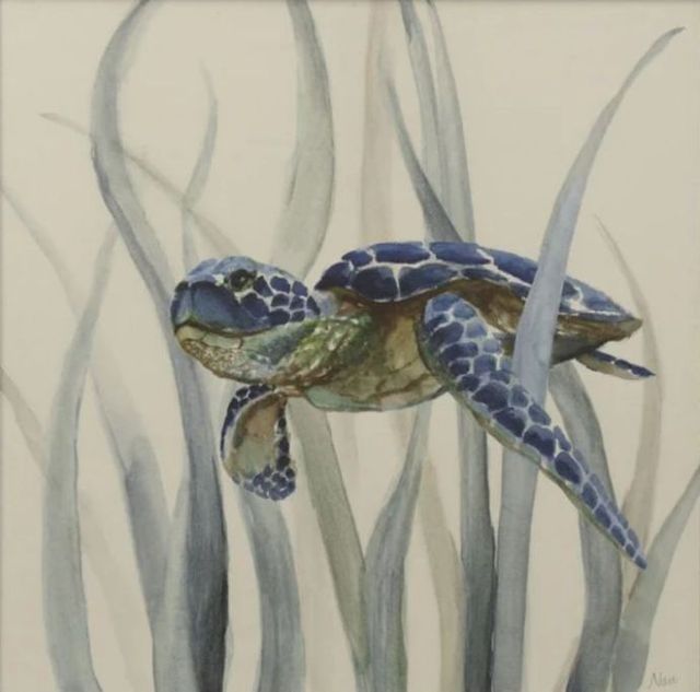 Stylecraft Turtle In Seagrass II Beige/Blue/Gray Wall Art-1