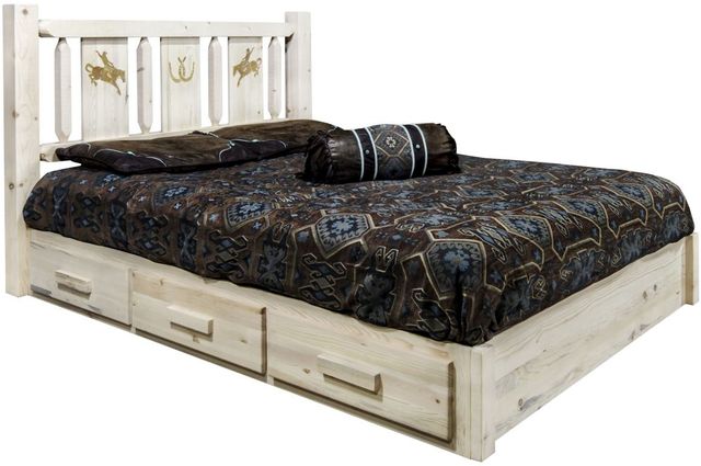 Montana Woodworks® Homestead Ready to Finish Queen Platform Storage Bed with Laser Engraved Bronc Design-0