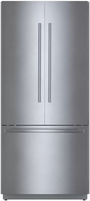 Front view of the Bosch Benchmark® Series 36 in. 19.4 Cu. Ft. Stainless Steel Built In Counter Depth French Door Refrigerator