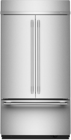 Front view of the KitchenAid® 42" 24.2 Cu. Ft. PrintShield™ Stainless Steel Built-In French Door Refrigerator