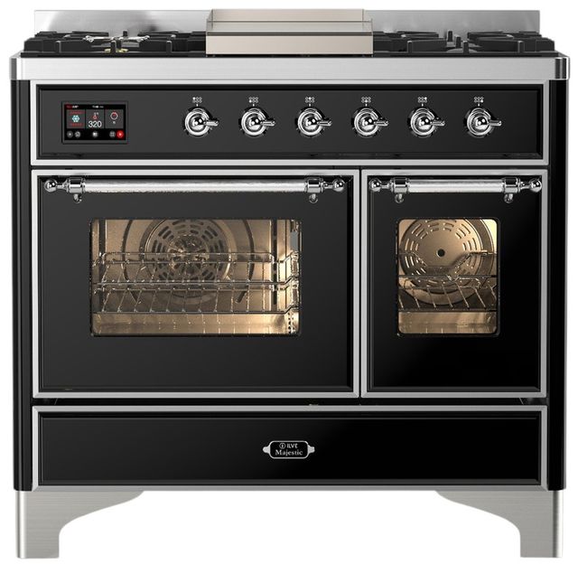 Ilve® Majestic III 40" Glossy Black Pro Style Dual Fuel Natural Gas Range with Triple Glass Door and Chrome Trim-0