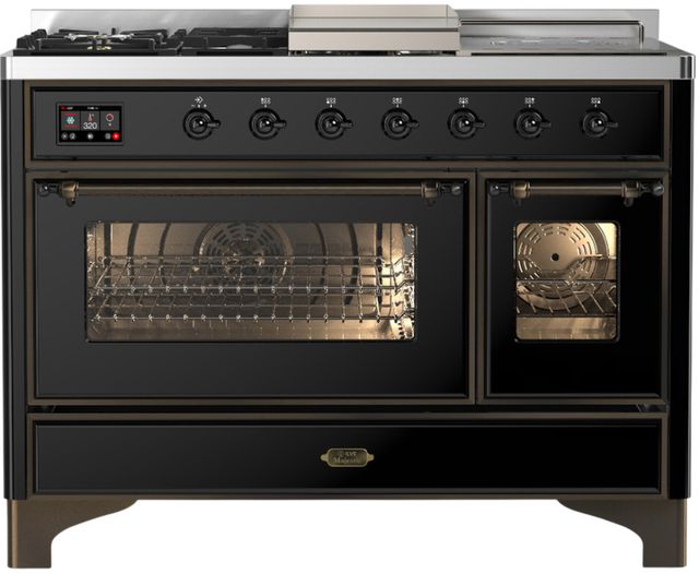 Ilve® Majestic III 48" Glossy Black Pro Style Dual Fuel Liquid Propane Range with 5 Black Brass Burners and Burnished Trim-0
