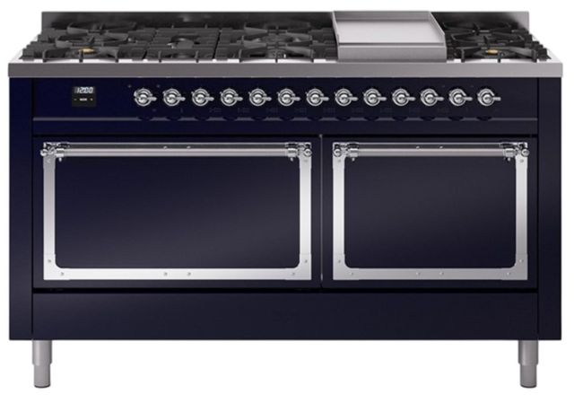 Ilve® Nostalgie II Noblesse 60'' Midnight Blue Pro Style Dual Fuel Range with Chrome Trim-0