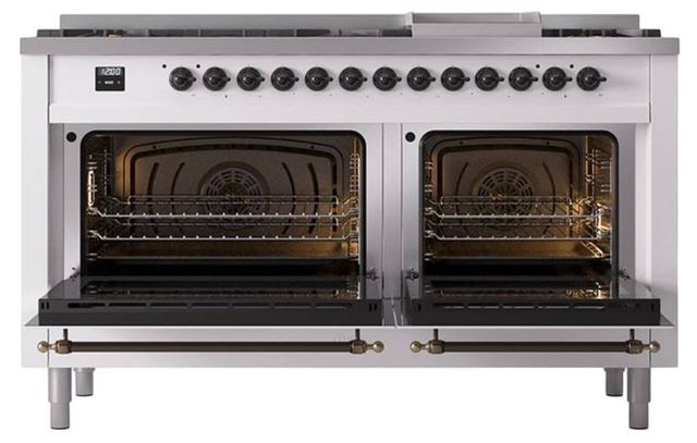Ilve® Nostalgie II Noblesse 60'' White Pro Style Dual Fuel Range with Burnished Trim-2