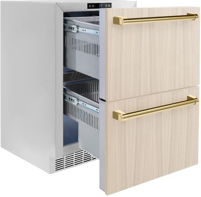 ZLINE Autograph Edition Touchstone 4.6 Cu. Ft. Panel Ready Outdoor-Rated Refrigerator Drawers with Polished Gold Handles-3