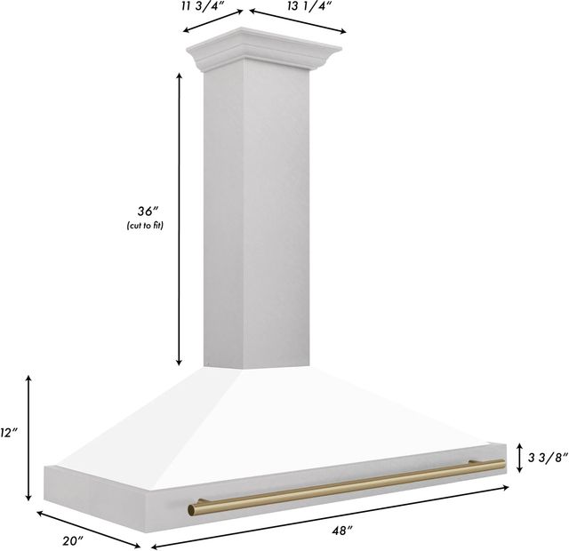 ZLINE Autograph Edition 48" Fingerprint Resistant Satin Stainless Steel Convertible Wall Mounted Range Hood with White Matte Shell and Champagne Bronze Handle-2