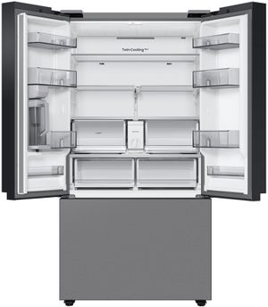 Front view of the Samsung Bespoke 36 in. 24.0 Cu. Ft. Stainless Steel Counter Depth French Door Refrigerator with AutoFill Water Pitcher