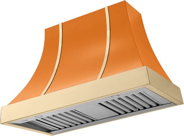La Cornue CornuFé Cascade 44" Quintessential Orange Wall Mounted Range Hood with Polished Brass Trim-0