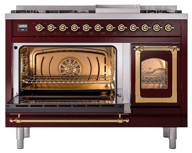 Ilve® Nostalgie II Noblesse 48'' Burgundy Pro Style Dual Fuel Range with Brass Trim-3
