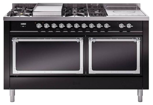 Ilve® Nostalgie II Noblesse 60'' Glossy Black Pro Style Dual Fuel Range with Chrome Trim-0