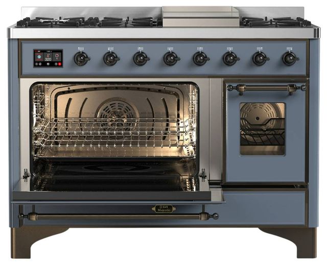 Ilve® Majestic III 48" Blue Gray Pro Style Dual Fuel Natural Gas Range with Triple Glass Door and Burnished Trim-3