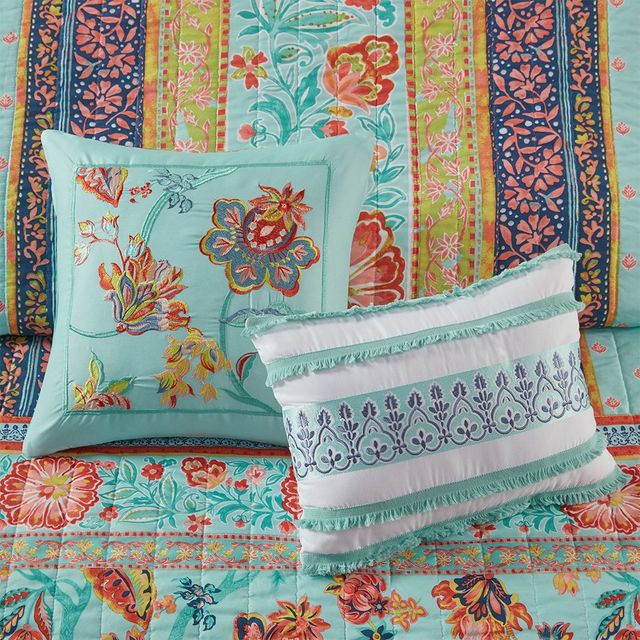 Olliix by Intelligent Design Ophelia Aqua Full/Queen Boho Printed Coverlet Set-3