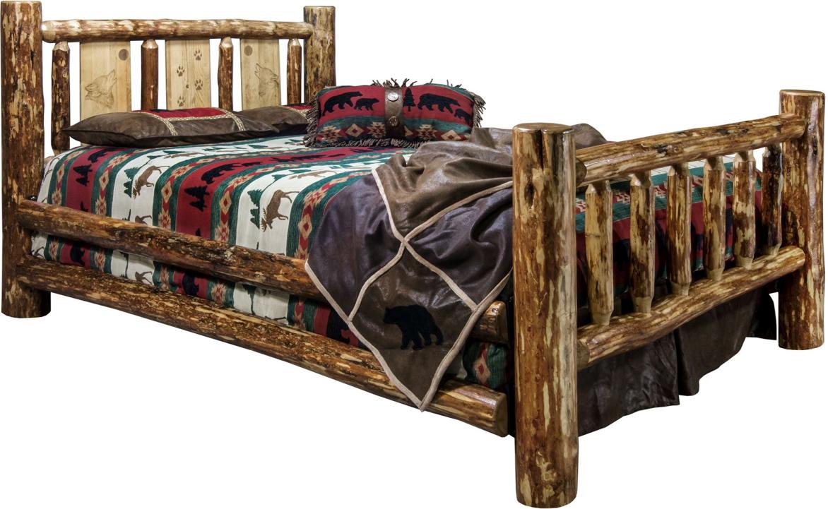 Montana Woodworks® Glacier Country Stained & Lacquered California King Bed with Laser Engraved Wolf Design