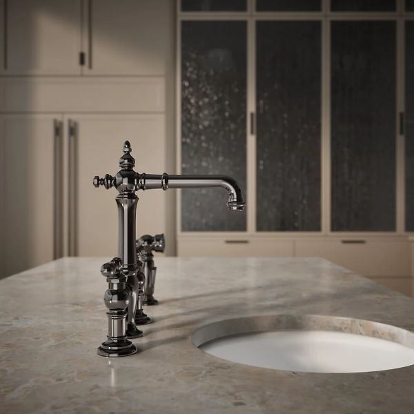KOHLER® Artifacts® Vibrant Titanium 3-Hole Bridge Bar Sink Faucet with Side Sprayer-4