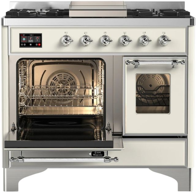 Ilve® Majestic III 40" Antique White Pro Style Dual Fuel Liquid Propane Range with Triple Glass Door and Chrome Trim-2