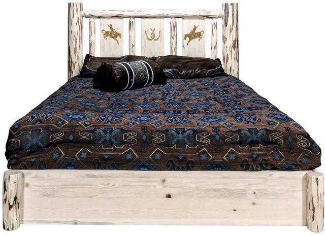 Montana Woodworks® Montana Collection Clear Lacquer King Platform Storage Bed with Laser Engraved Bronc Design-1