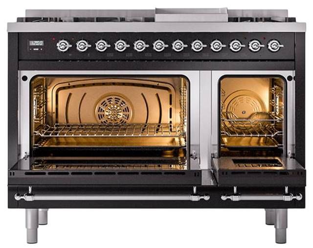 Ilve® Nostalgie II Noblesse 48'' Glossy Black Pro Style Dual Fuel Range with Chrome Trim-2