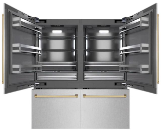 ZLINE Autograph Edition 72" 39.6 Cu. Ft. Satin Stainless Steel Built-In French Door Refrigerator with Graphite Gray Interior and Polished Gold Accents-1