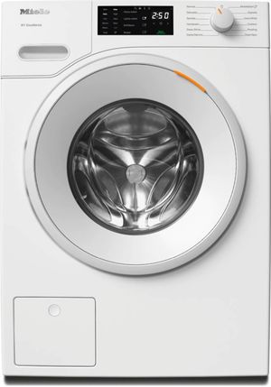 Front view of the Miele W1 White Edition 2.3 Cu. Ft. Lotus White Front Load Washer