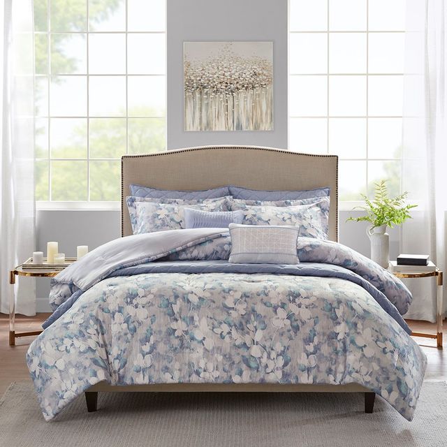 Olliix by Madison Park 8 Piece Blue Full/Queen Erica Printed Seersucker Comforter and Coverlet Set Collection-4