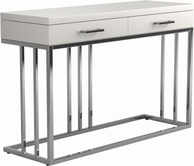 Coaster® Dalya Glossy White Two Drawers Rectangular Sofa Table with Chrome Base-1