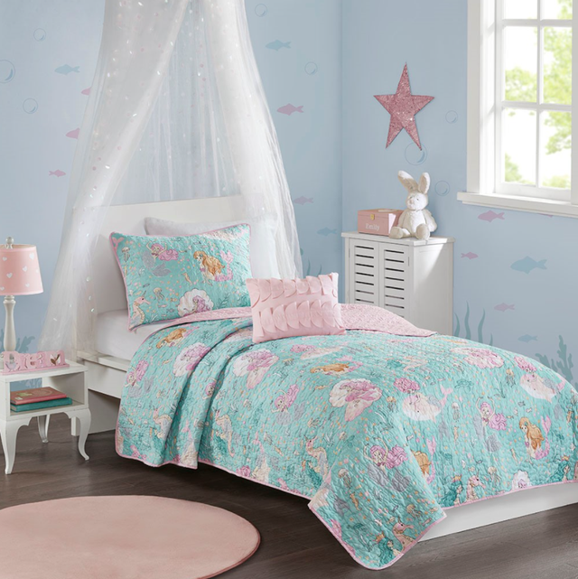 Olliix by Mi Zone Kids Darya Aqua/Pink Full/Queen Printed Mermaid Reversible Coverlet Set-0