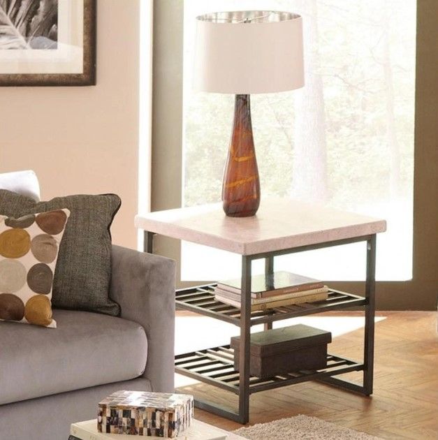 Riverside Furniture Capri Alabaster Travertine Side Table with Black Base-1