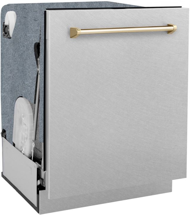 ZLINE Autograph Edition 24" Satin Stainless Steel Built In Dishwasher with Polished Gold Handle-3