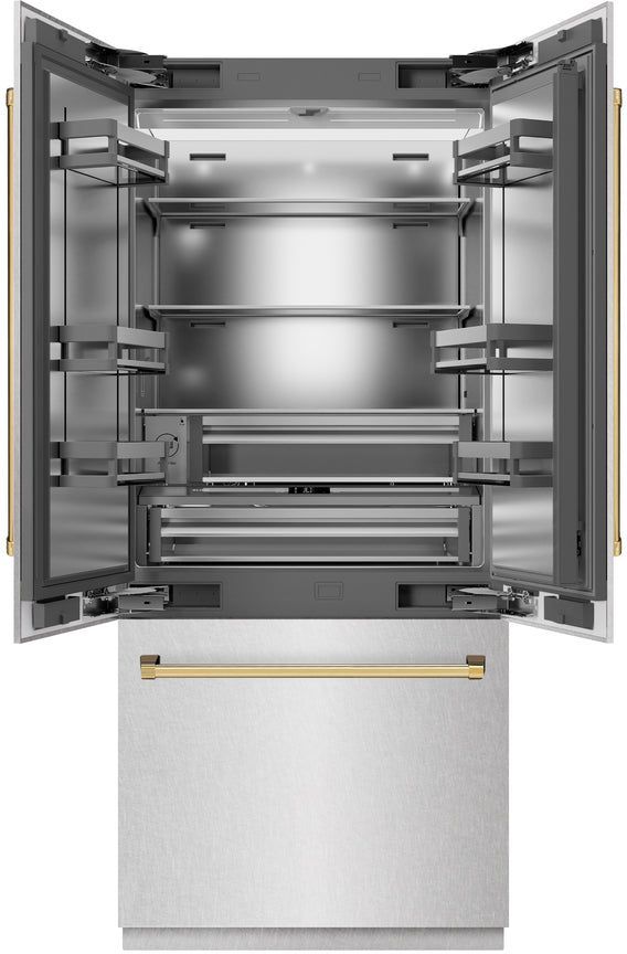 ZLINE Autograph Edition 36" 19.6 Cu. Ft. Satin Stainless Steel Built-In French Door  Refrigerator with Polished Gold Accents-2