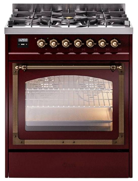 Ilve® Nostalgie II Noblesse 30" Burgundy Pro Style Dual Fuel Range with Burnished Trim-0