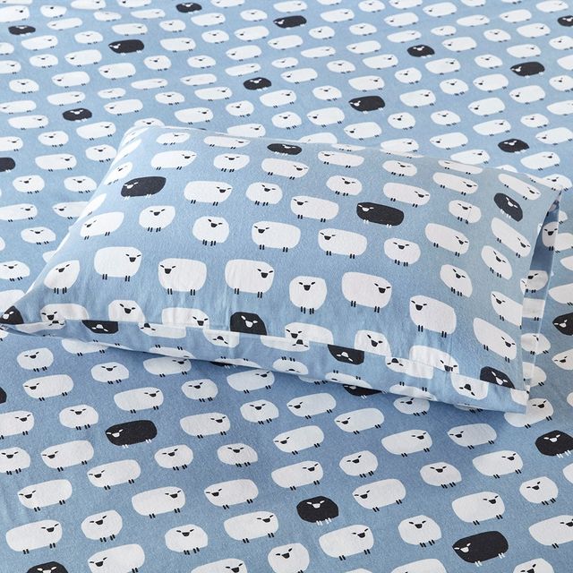 Olliix by Woolrich Blue Sheep King Flannel Cotton Sheet Set-1