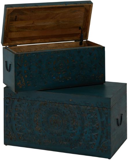 Jaipur Furniture Carved Lace 2-Piece Turquoise Green Trunk Set-0
