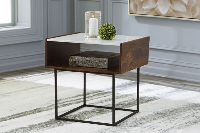 Signature Design by Ashley® Rusitori White Top Brown End Table with Black Base-3