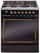 Ilve® Nostalgie II Noblesse 30'' Glossy Black Pro Style Dual Fuel Range with Burnished Trim-0